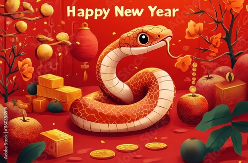 Vibrant Red Snake Celebrating Happy New Year with Gold Coins and Oranges photo