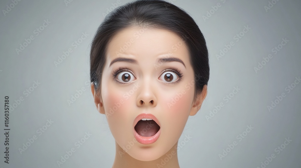 Close-up Photo: Astonished Woman's Face, Wide-Eyed Expression Against Neutral Background. AI Generated Close-up Photo: Astonished Woman's Face, Wide-Eyed Expression Against Neutral Background. AI Generated