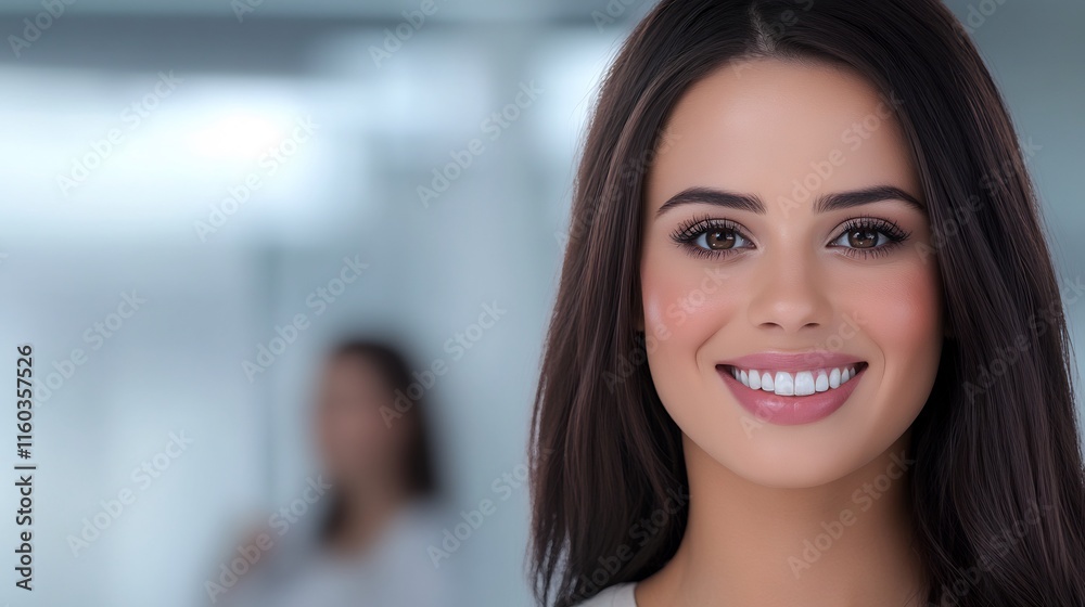 Fototapeta premium Close-up Photo: Radiant Woman Smiling Confidently in Modern Office Setting. AI Generated