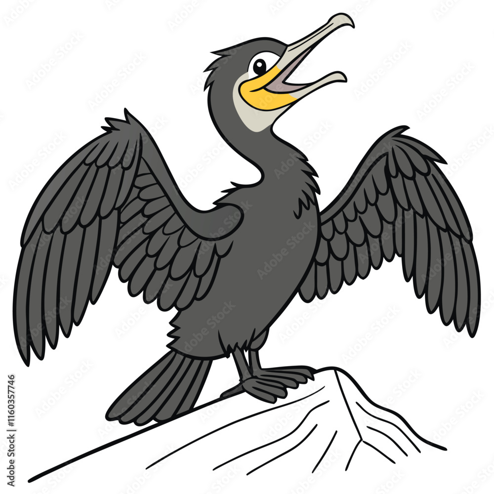 Fototapeta premium A smiling cormorant perched with its wings spread to dry