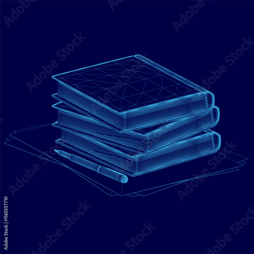 Stack of books is shown in a blue color. The books are stacked on top of each other, and the image has a somewhat abstract and stylized look to it. Scene is somewhat mysterious and intriguing
