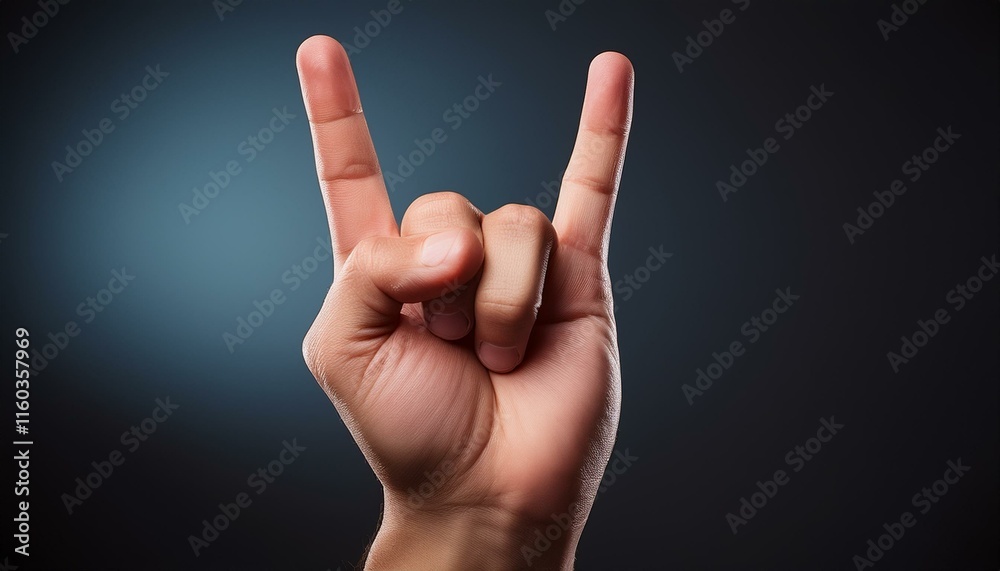 A hand is shown with fingers extended in a rock on or I love you gesture. A hand is shown with fingers extended in a rock on or I love you gesture.