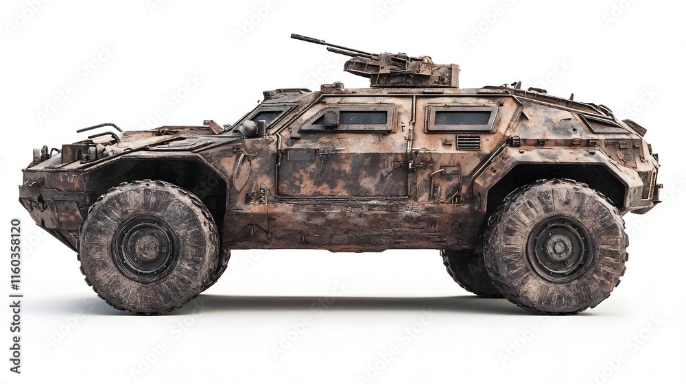 A rugged military vehicle with a worn exterior, designed for tough terrain and combat. A rugged military vehicle with a worn exterior, designed for tough terrain and combat.