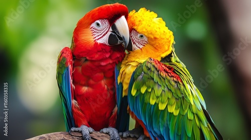 Two colorful parrots cuddling, featuring vivid red, yellow, and green feathers, in a lush environment.