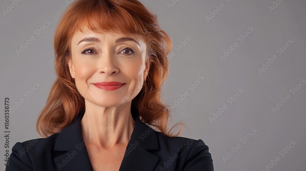 Close-up Photo: Confident Woman Smiling Gently Against Neutral Background. AI Generated