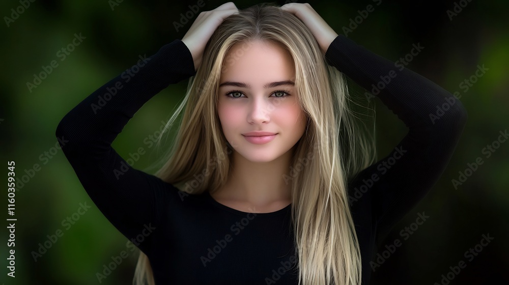 Naklejka premium Close-up Photo: Serene Young Woman Gently Touches Her Hair Outdoors. AI Generated