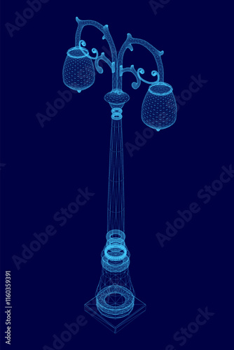 Blue street light with a blue background. The light is lit up and the image is in a 3D format. Isometric view