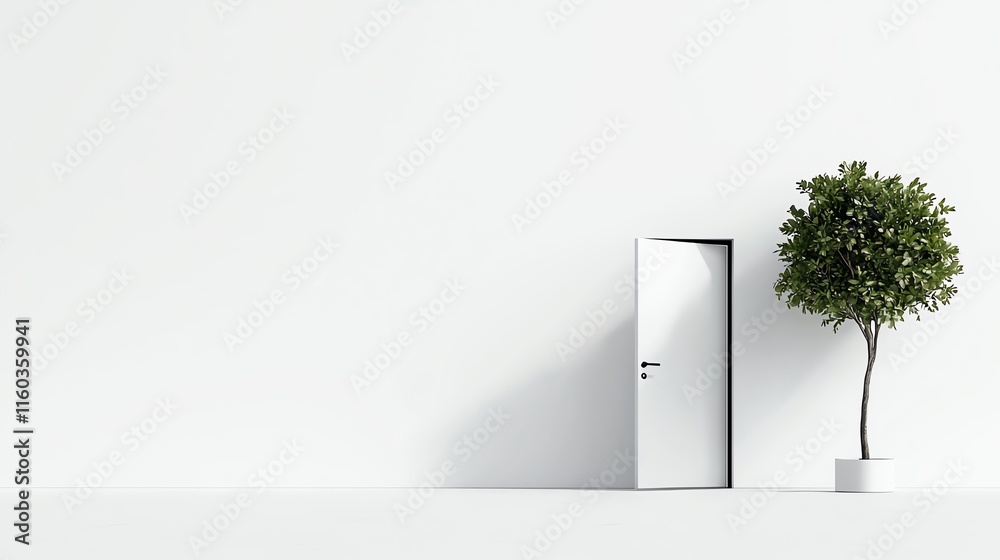 Obraz premium White door on a plain wall beside a potted tree, symbolizing opportunity and growth in a minimalist setting.