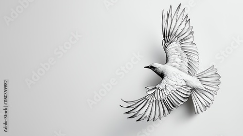 A beautiful white bird in flight, showcasing intricate wing patterns against a minimalistic background. photo