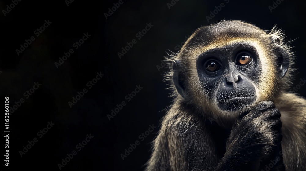 Fototapeta premium Thoughtful monkey gazing into the distance against a dark background.