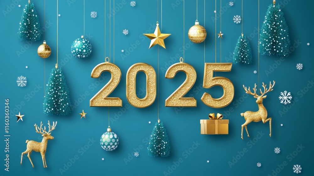Happy New Year 2025. Hanging golden metallic numbers 2025 with stars, balls and snowflake on blue background. Reindeer, gift boxes, metallic pine or fir, cone shape spruce trees. Happy New Year 2025. Hanging golden metallic numbers 2025 with stars, balls and snowflake on blue background. Reindeer, gift boxes, metallic pine or fir, cone shape spruce trees.