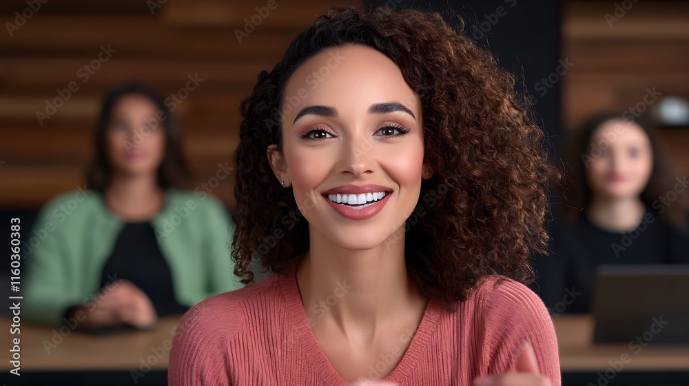 Obraz premium Close-up Photo: Confident Woman Smiling Warmly During a Modern Office Meeting. AI Generated