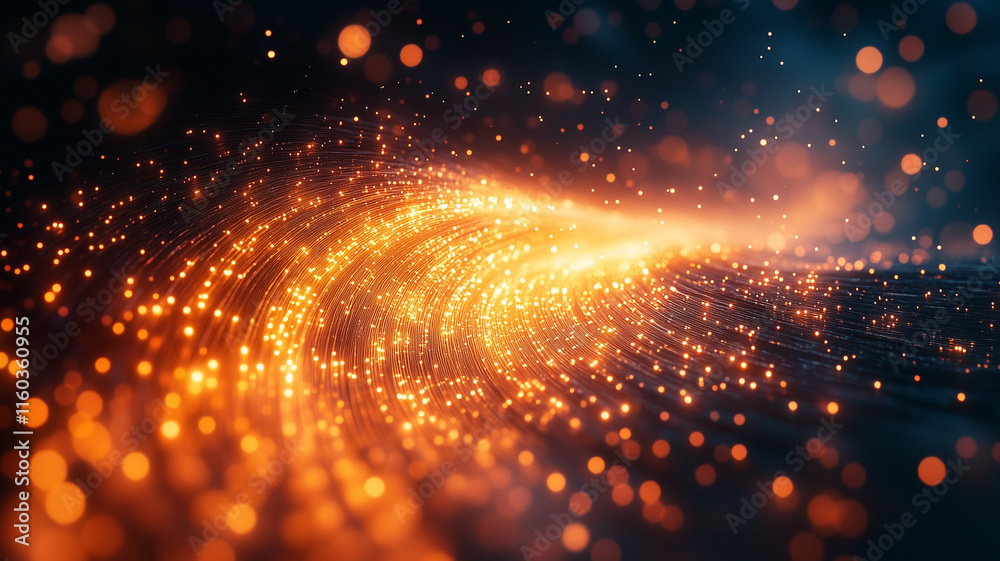 Obraz premium Abstract glowing particles create mesmerizing wave of light, showcasing vibrant orange and gold hues against dark background, evoking sense of energy and movement