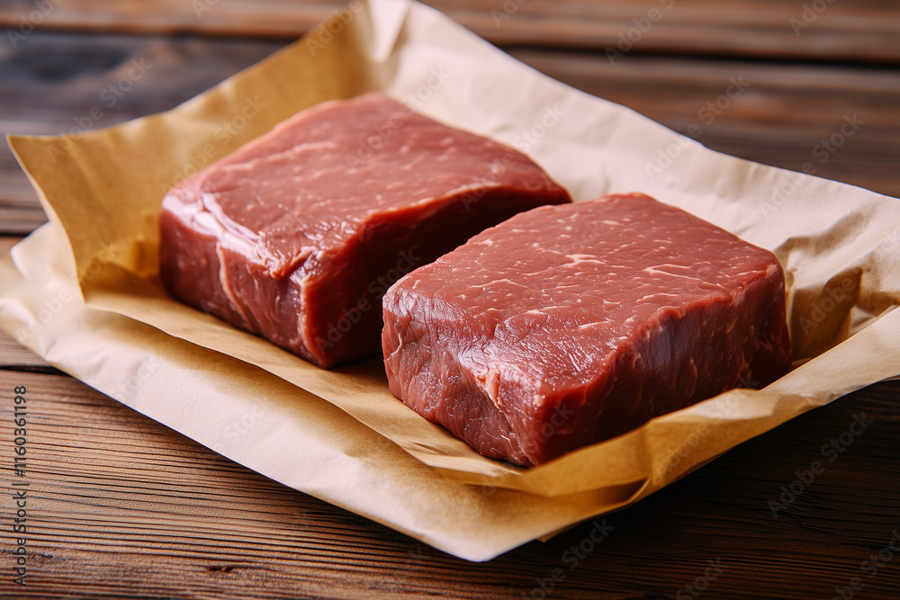 piece of meat is sitting on a brown paper bag. The meat is cut into a square shape piece of meat is sitting on a brown paper bag. The meat is cut into a square shape