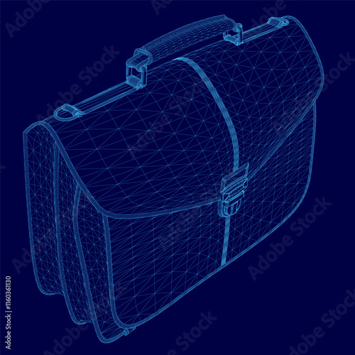 Blue 3D model of a briefcase with a handle. The briefcase is made of a material that looks like leather