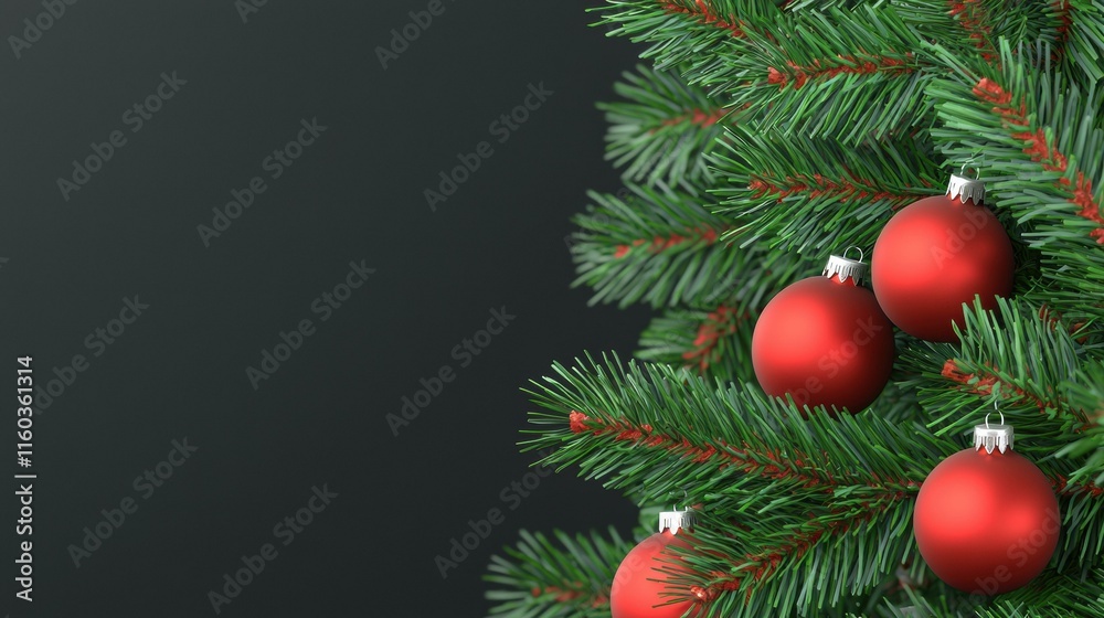Festive red ornaments adorn a Christmas tree. AI. Festive red ornaments adorn a Christmas tree. AI.