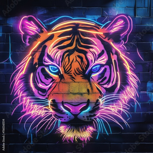 Neon tiger head on brick wall background. photo