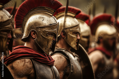 man in a gold helmet stands in front of a group of other men in gold helmets. Concept of unity and strength among the group photo