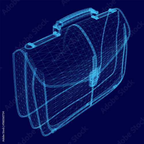 Blue 3D model of a briefcase with a handle. The briefcase is made of a wire mesh and has a blue color