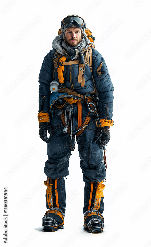 Climber in winter gear prepares for an expedition in cold, snowy conditions at high altitude Climber in winter gear prepares for an expedition in cold, snowy conditions at high altitude