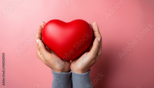 Hands are holding a red heart-shaped object against a solid pink background.