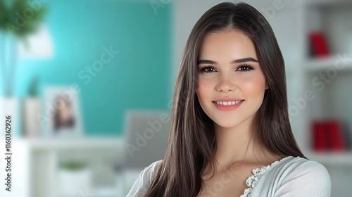Close-up Photo: Serene Woman Smiling Confidently in Home Office. AI Generated