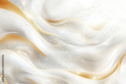 Abstract white and gold flowing fabric texture with glitter. photo