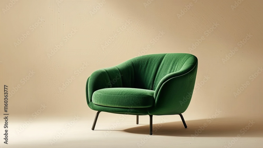 Comfortable green upholstered chair / armchair on soft pale beige background , copy space