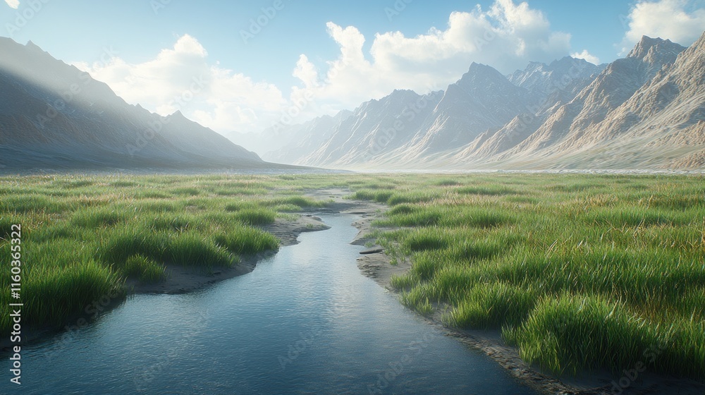 Fototapeta premium Serene mountain valley with a flowing stream, lush meadow and majestic peaks under a bright, partly cloudy sky.