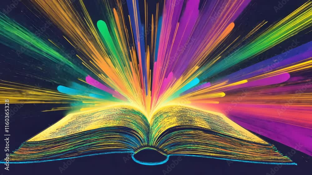 Creative explosion of colors emanating from an open book in a vibrant artistic representation