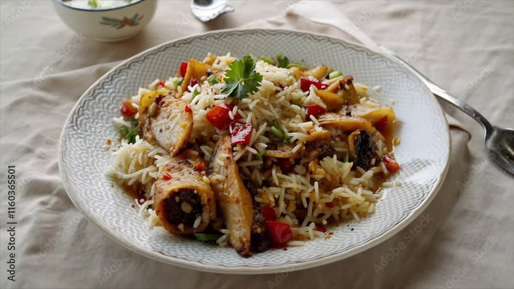 Exquisite Chicken Biryani, Basmati Elegance Enhanced by a Medley of Exotic Spices