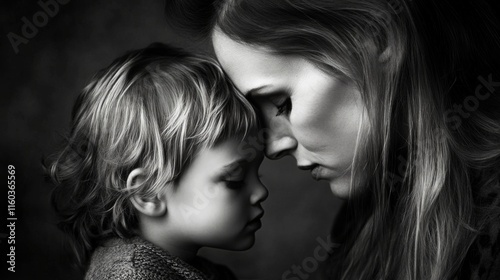 Tender moment between mother and toddler, close-up black and white portrait.