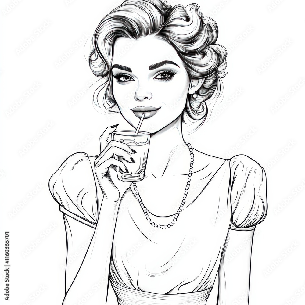 Elegant Woman with Drink: A sophisticated woman with a charming smile and retro-inspired hairstyle enjoys a refreshing beverage.