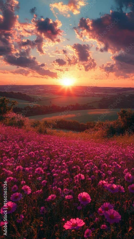 Fototapeta premium Serene Sunset over a Field of Purple Flowers