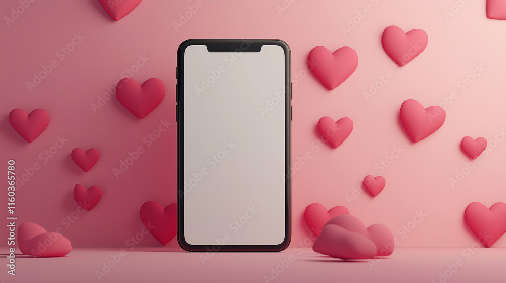 Mobile phone mockup with hearts and pastel pink background. Valentine's day banner with a smartphone with blank screen template Mobile phone mockup with hearts and pastel pink background. Valentine's day banner with a smartphone with blank screen template