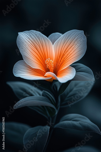 A close-up of an orange and white flower with dark green leaves. Ideal for phone wallpaper background.