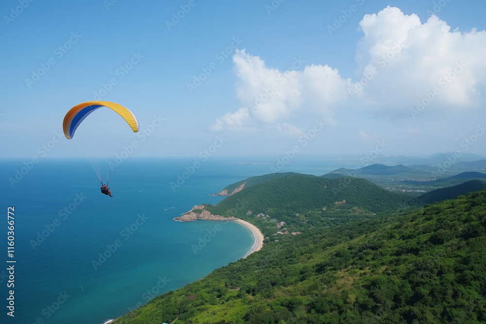 paraglider flies over peaceful landscape paraglider flies over peaceful landscape