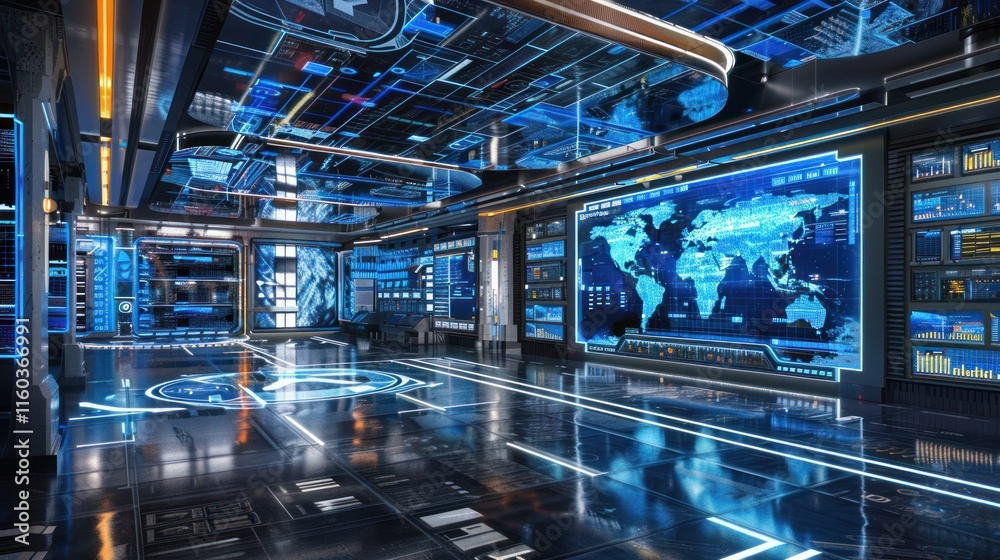 Fototapeta premium Futuristic data center control room with holographic displays and world map.