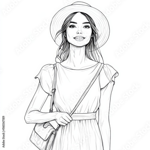 Summer Fashion Sketch: A stylish woman in a sunhat and flowing summer dress, confidently carrying a shoulder bag. The detailed sketch captures a carefree summer vibe. 