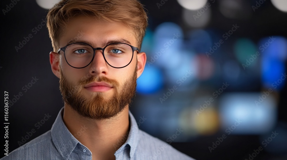 Close-up Photo: Confident Young Man with Glasses, Intensely Gazing, Dark Bokeh Background. AI Generated Close-up Photo: Confident Young Man with Glasses, Intensely Gazing, Dark Bokeh Background. AI Generated
