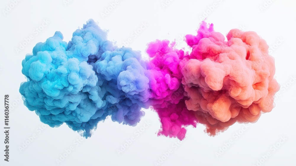 Fototapeta premium Colorful smoke clouds in blue, pink, and orange create a vibrant and dynamic visual effect against a light background.