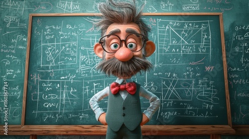 Cartoon Professor Stands Proudly Before Chalkboard Equations