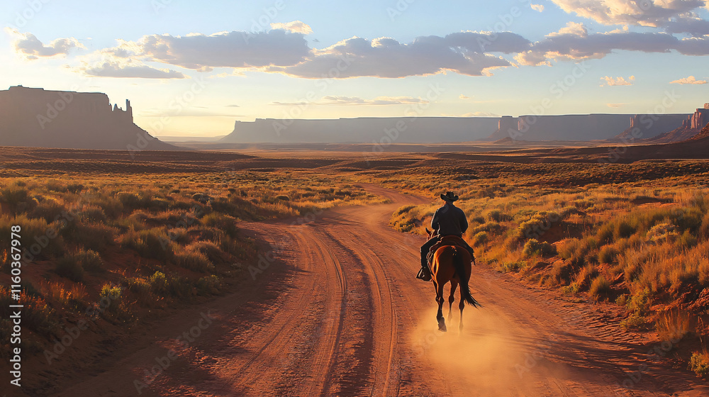 Lone outlaw riding a horse through a dusty desert trail, western landscape with mountains in the distance, warm sunset lighting, rugged and adventurous atmosphere Lone outlaw riding a horse through a dusty desert trail, western landscape with mountains in the distance, warm sunset lighting, rugged and adventurous atmosphere