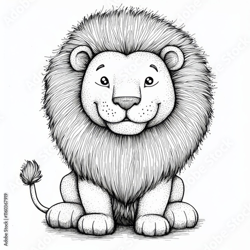 Smiling Lion Cartoon: A heartwarming illustration of a friendly lion with a big, toothy grin. The cartoon lion is drawn in a simple, black and white style, perfect for children's books. photo