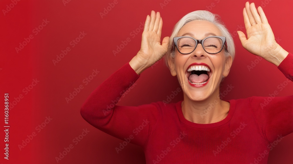 Joyful Senior Woman Laughs Against Vibrant Red Photo Background. AI Generated Joyful Senior Woman Laughs Against Vibrant Red Photo Background. AI Generated