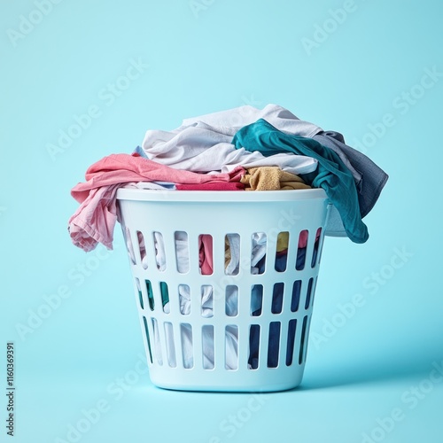 Overflowing laundry basket filled with colorful clothes.