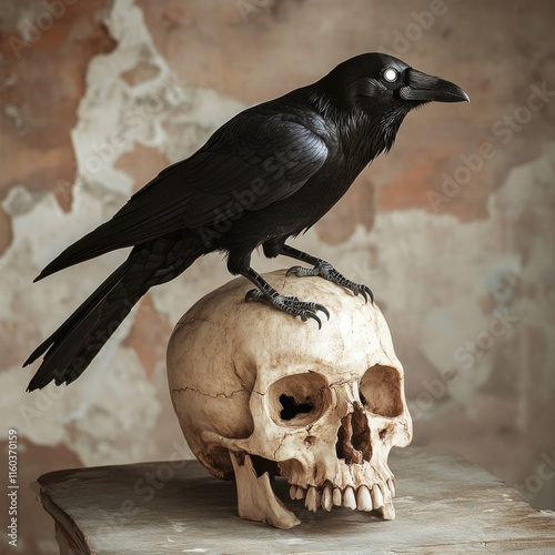 Black crow perched on a human skull against a textured wall. photo