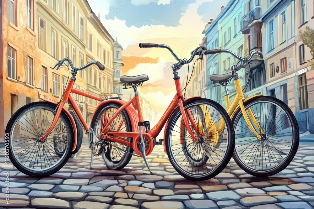 Fototapeta premium Colorful Vintage Bicycles on Cobblestone Street at Sunset, Evoking Nostalgia and Charm in a Serene Urban Setting