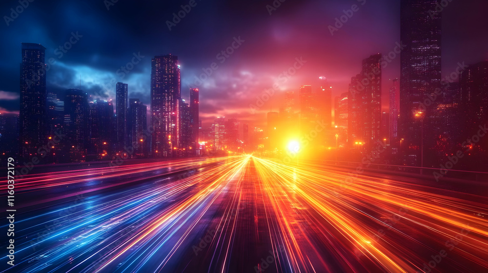 City highway at night with light trails, creating a vibrant and futuristic urban scene. City highway at night with light trails, creating a vibrant and futuristic urban scene.