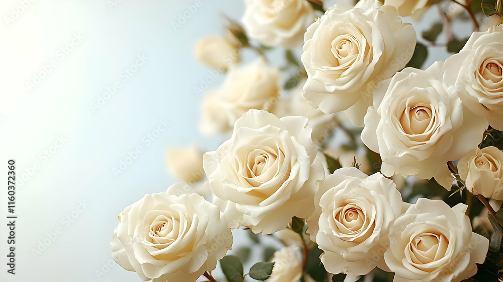 Close-up of Delicate Ivory Roses blooms beautifully against a soft background with delicate petals. Close-up of Delicate Ivory Roses blooms beautifully against a soft background with delicate petals.